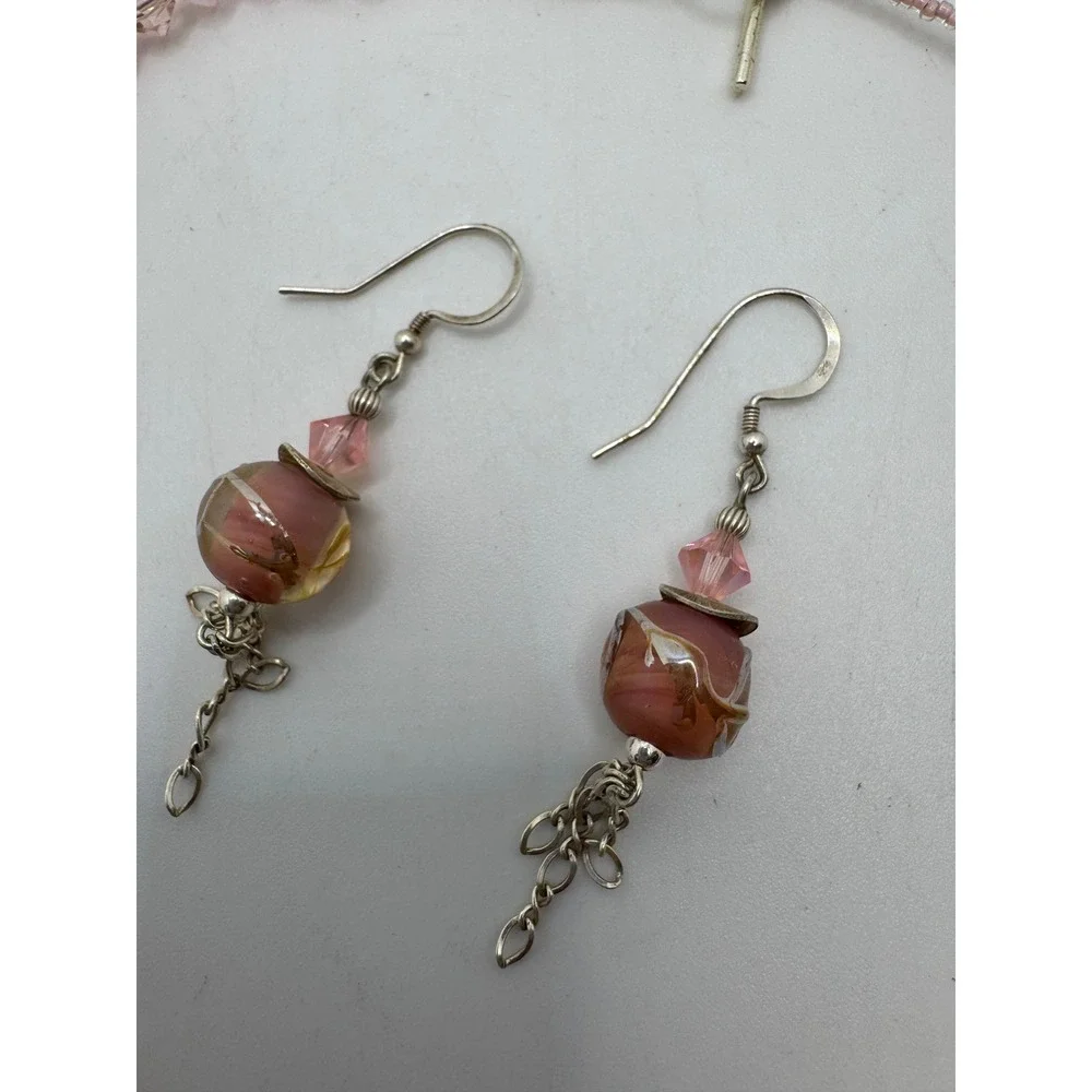 Pink Peach Beaded Statement Necklace & Lampwork Dangle Earring Set 16